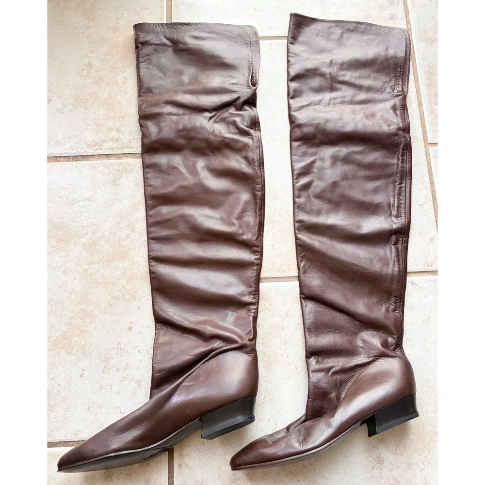 Vero Cuoio Italian Brown Leather Over The Knee Flat Boots Sz 39 Made In Italy